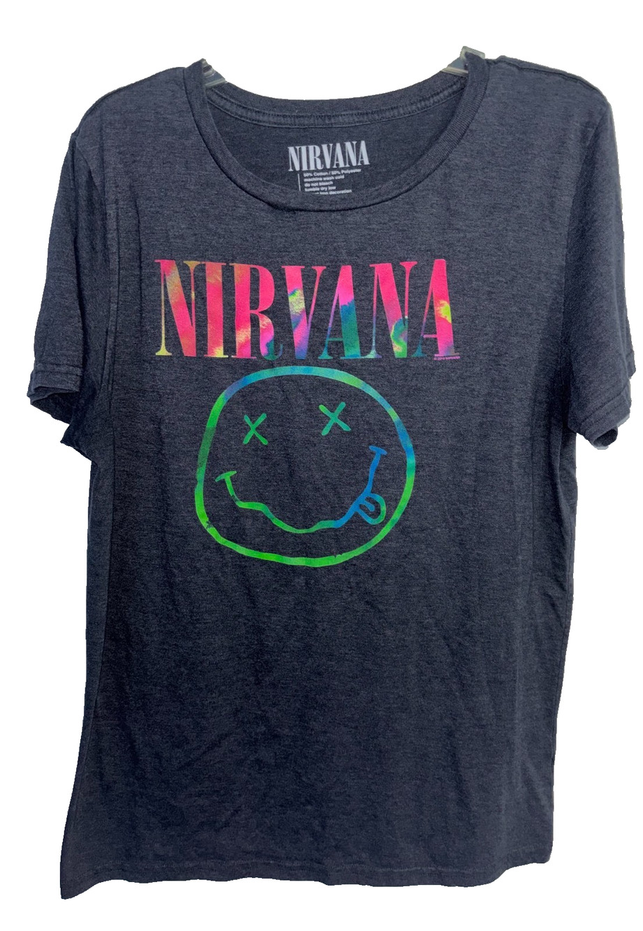 Nirvana T Shirt Men 2X Charcoal Grey Tie Dye Rainbow Smiley Face Grunge Band